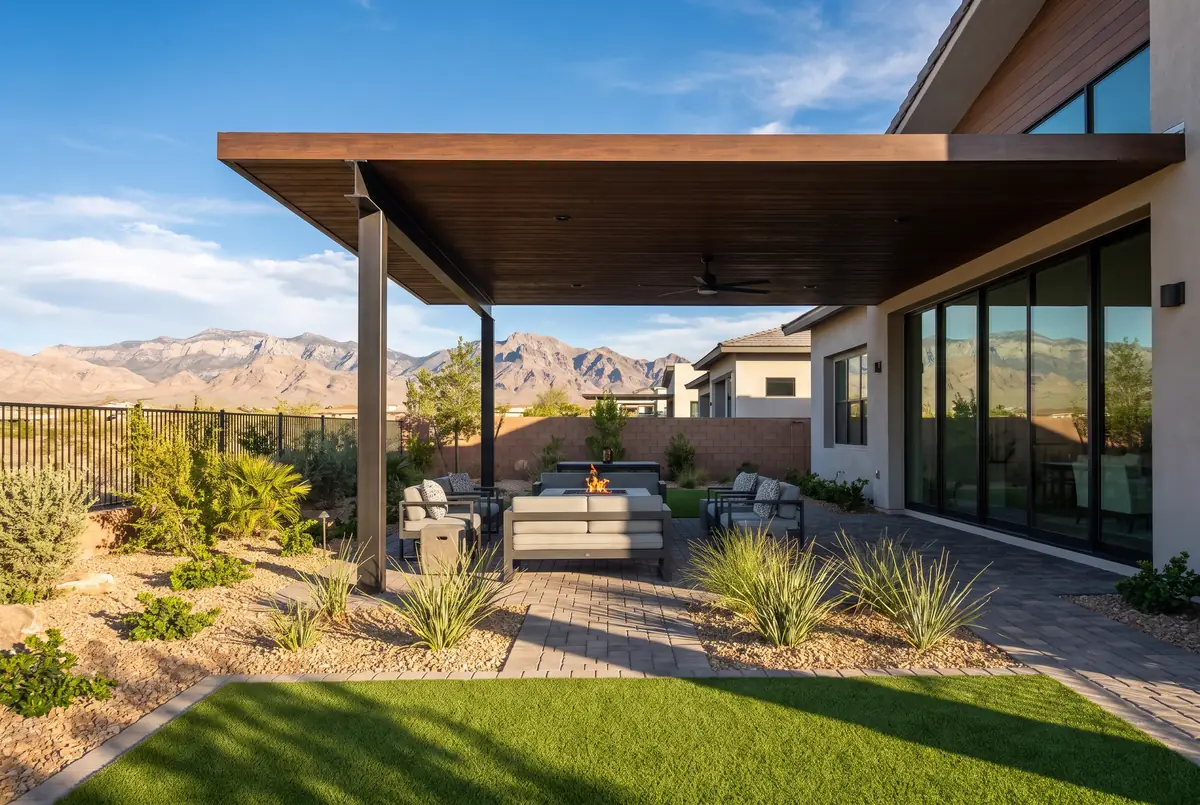 Custom patio cover on a backyard in Centennial Hills, Las Vegas valley
