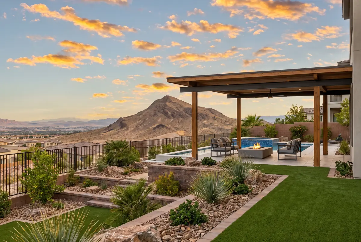 Custom patio cover on a backyard in Mountains Edge, Las Vegas valley