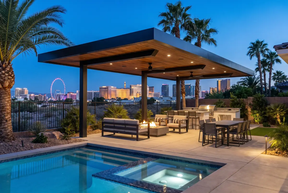 Custom patio cover on a backyard in Paradise, Las Vegas valley