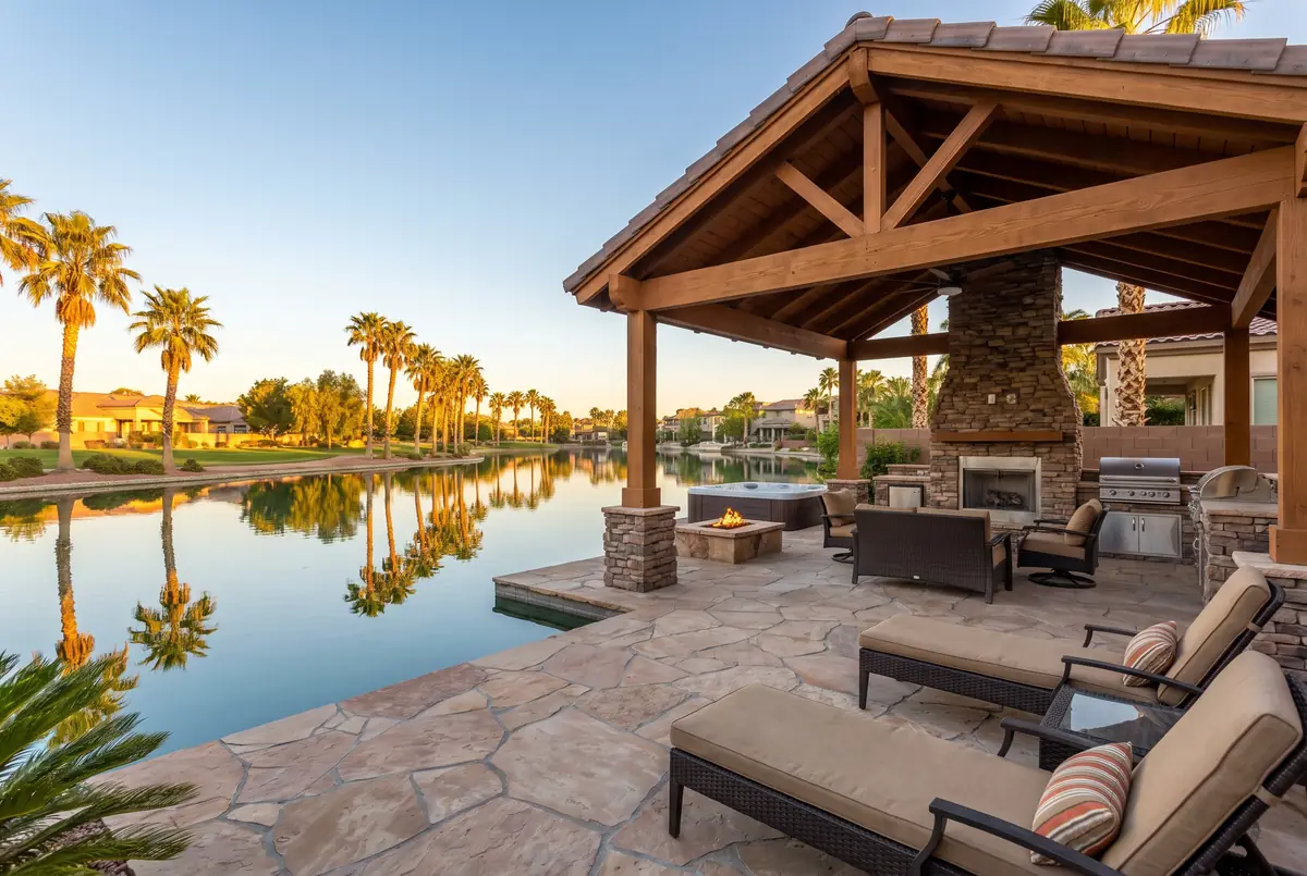 Custom patio cover on a backyard in The Lakes, Las Vegas valley