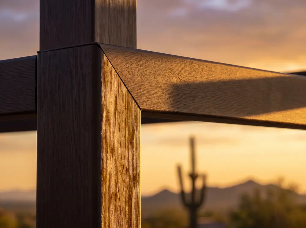 Close detail of powder-coated aluminum patio cover beams against a desert sky