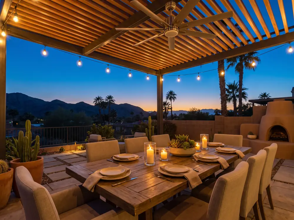 Outdoor dining set under a lit patio cover at dusk in a Las Vegas backyard