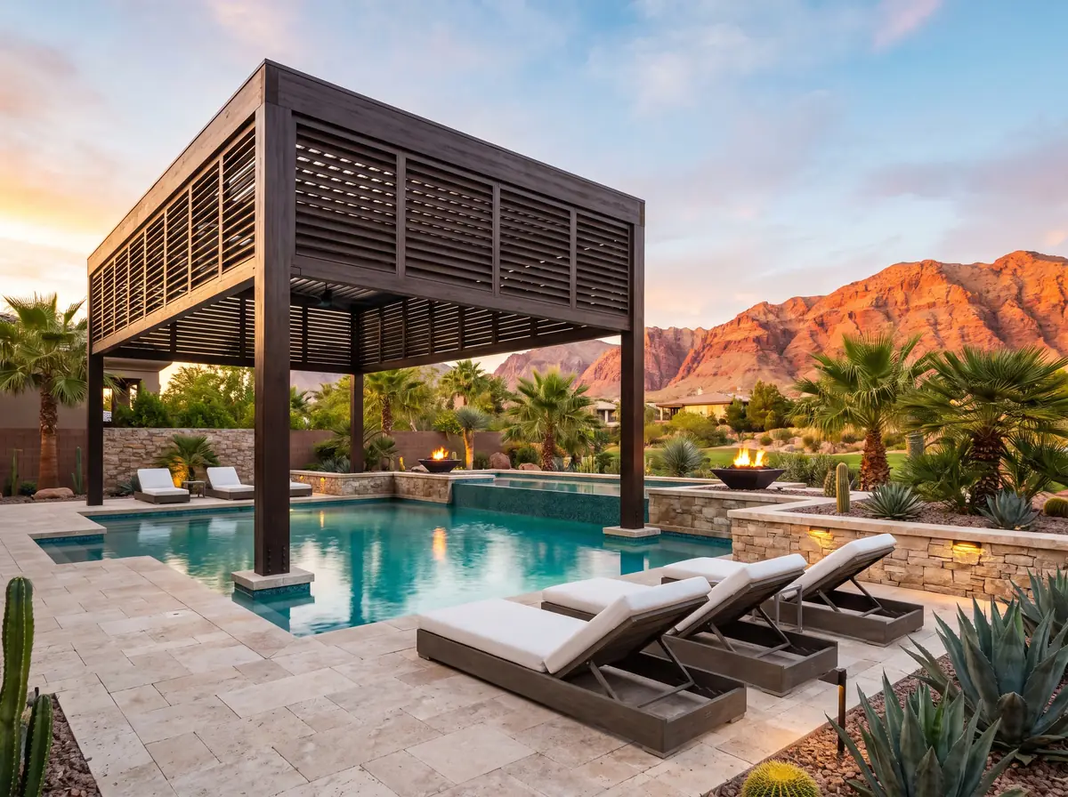 Resort-style louvered patio cover beside a turquoise pool with red rock mountains in a Las Vegas backyard at golden hour