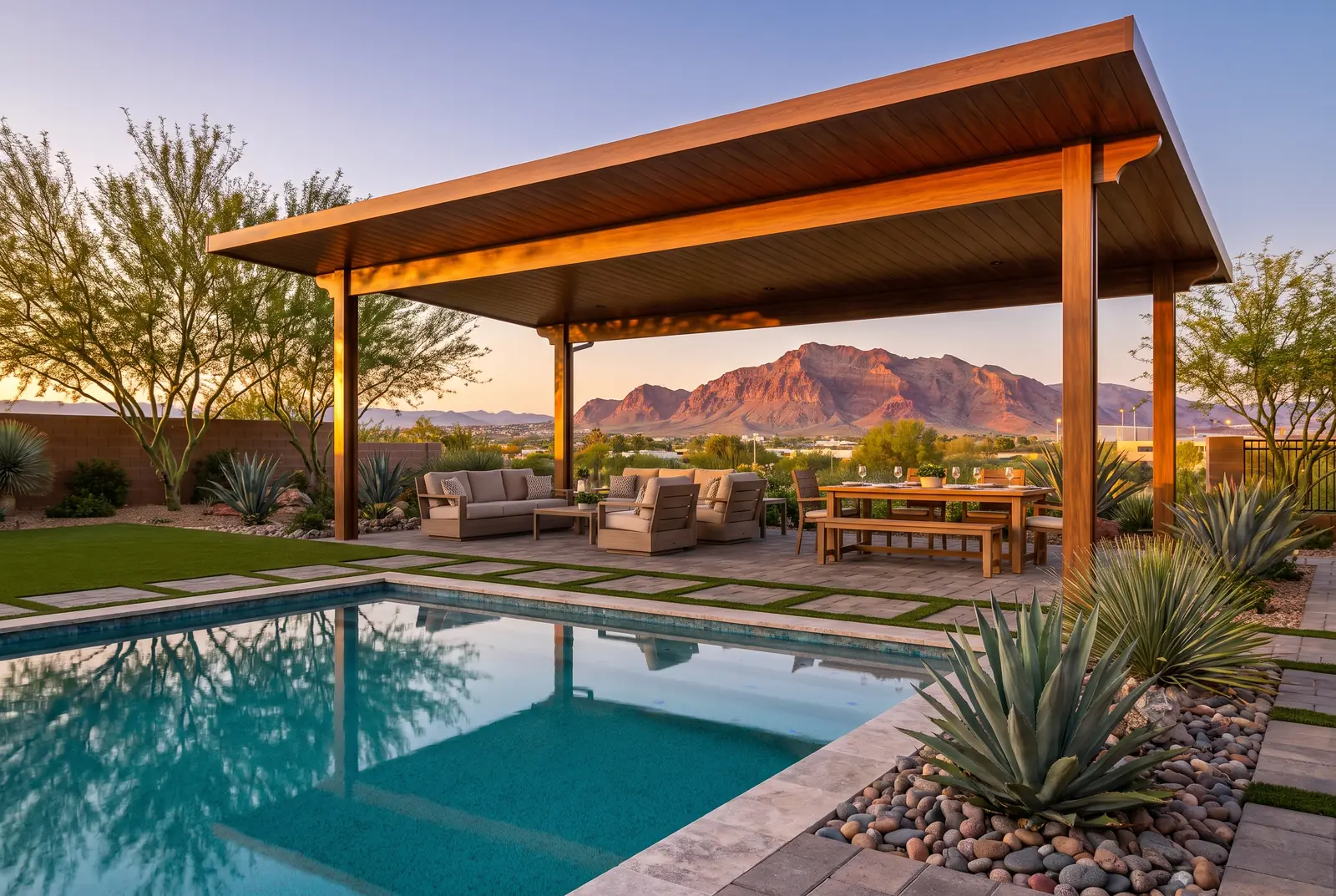 Custom patio cover shading a Las Vegas backyard, serving Enterprise
